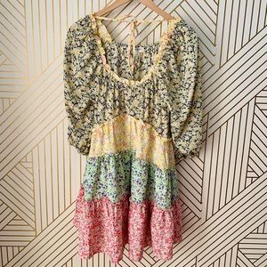 Umgee Floral puff sleeve tiered Layered Ruffle Hem scoop neck multicolor Dress S